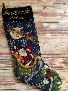 Vintage Needlepoint Santa Twas The Night Before Christmas Stocking